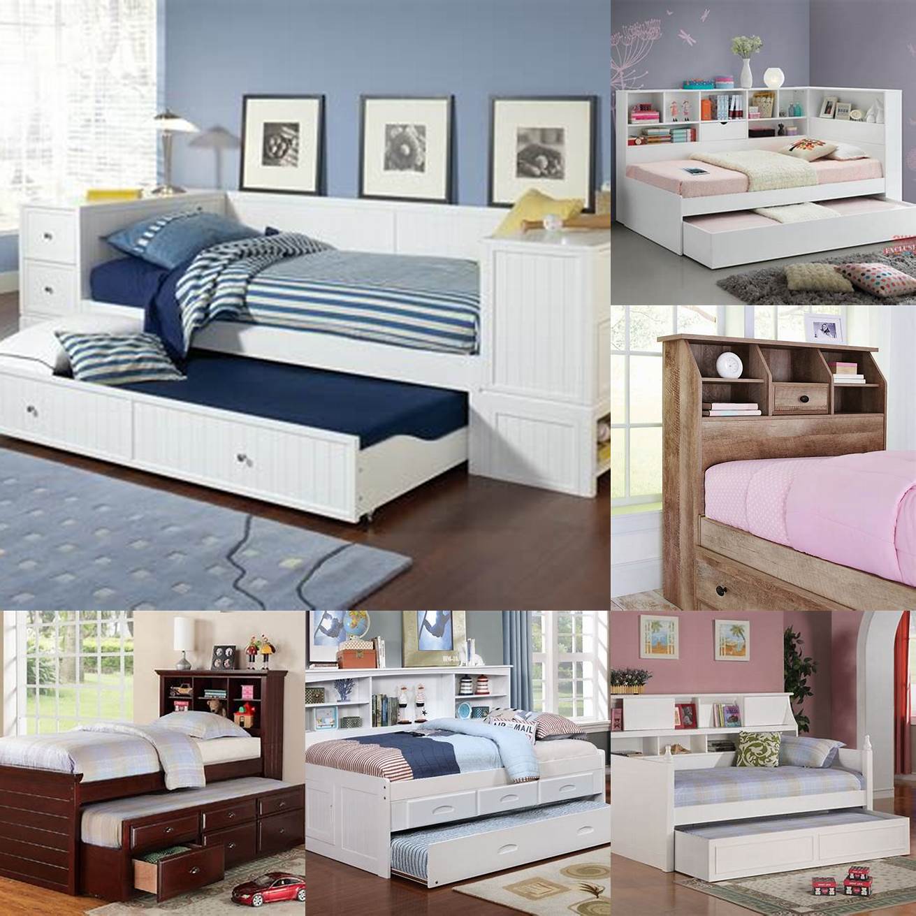 A trundle bed with a bookshelf headboard is perfect for young readers