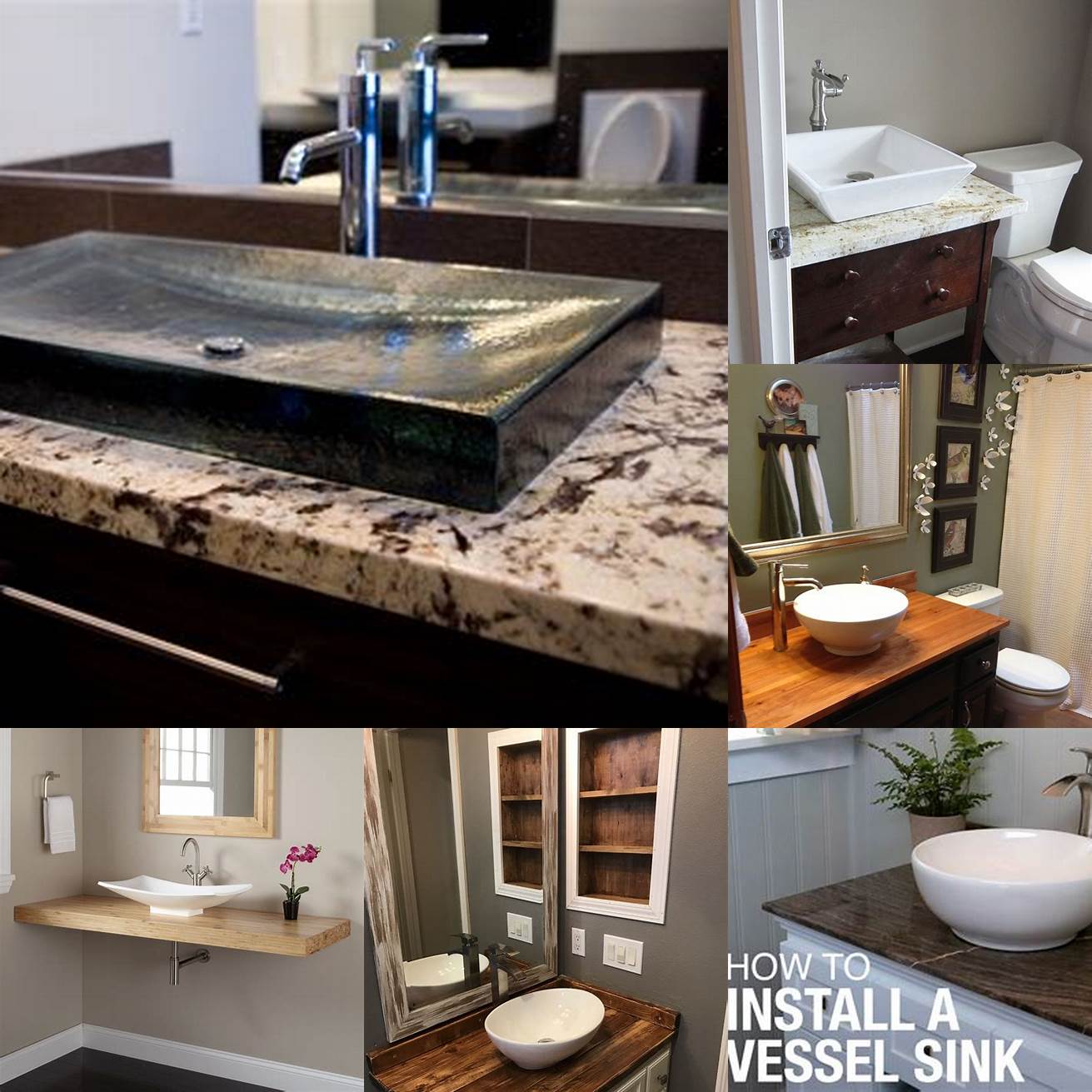 A vessel sink sits on top of the countertop making it easy to install and maintain