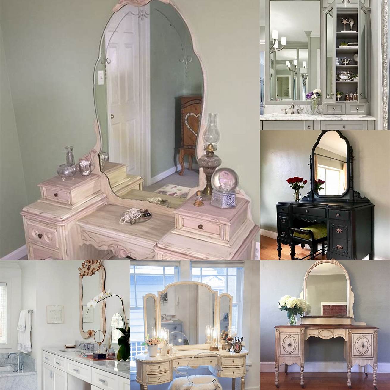 A vintage bathroom vanity with makeup station and a floral mirror frame