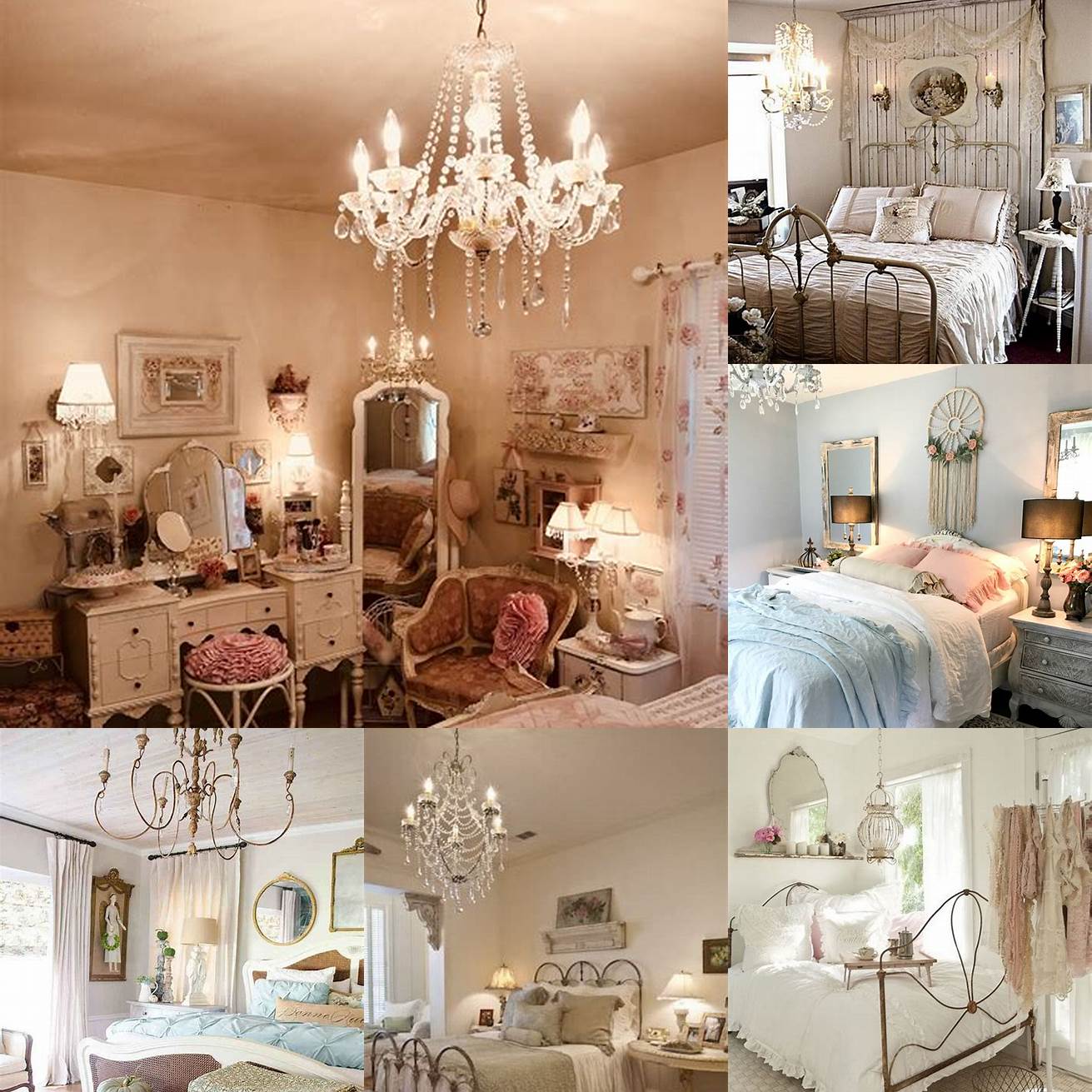 A vintage chandelier adds a touch of glamour to this Shabby Chic bedroom design