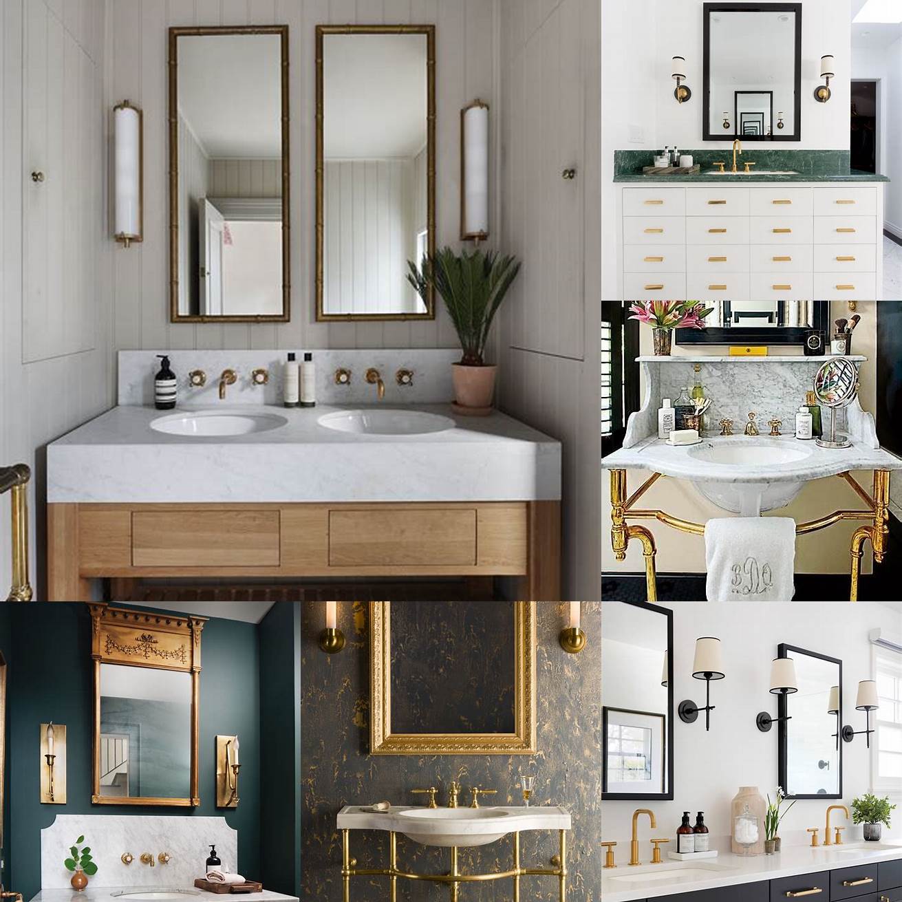 A vintage-inspired vanity with a marble countertop and brass hardware