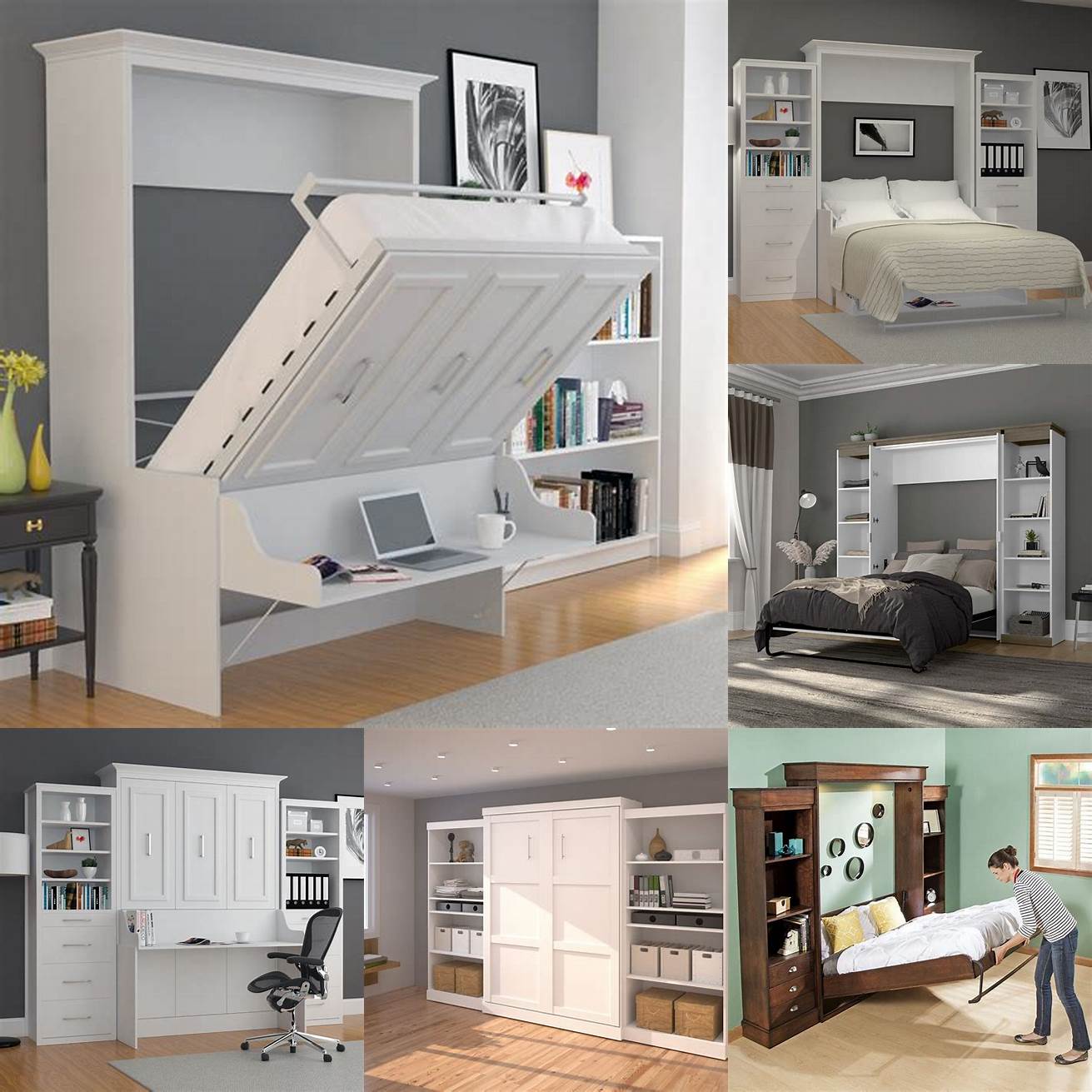 A white Queen Size Murphy Bed with built-in shelves and cabinets