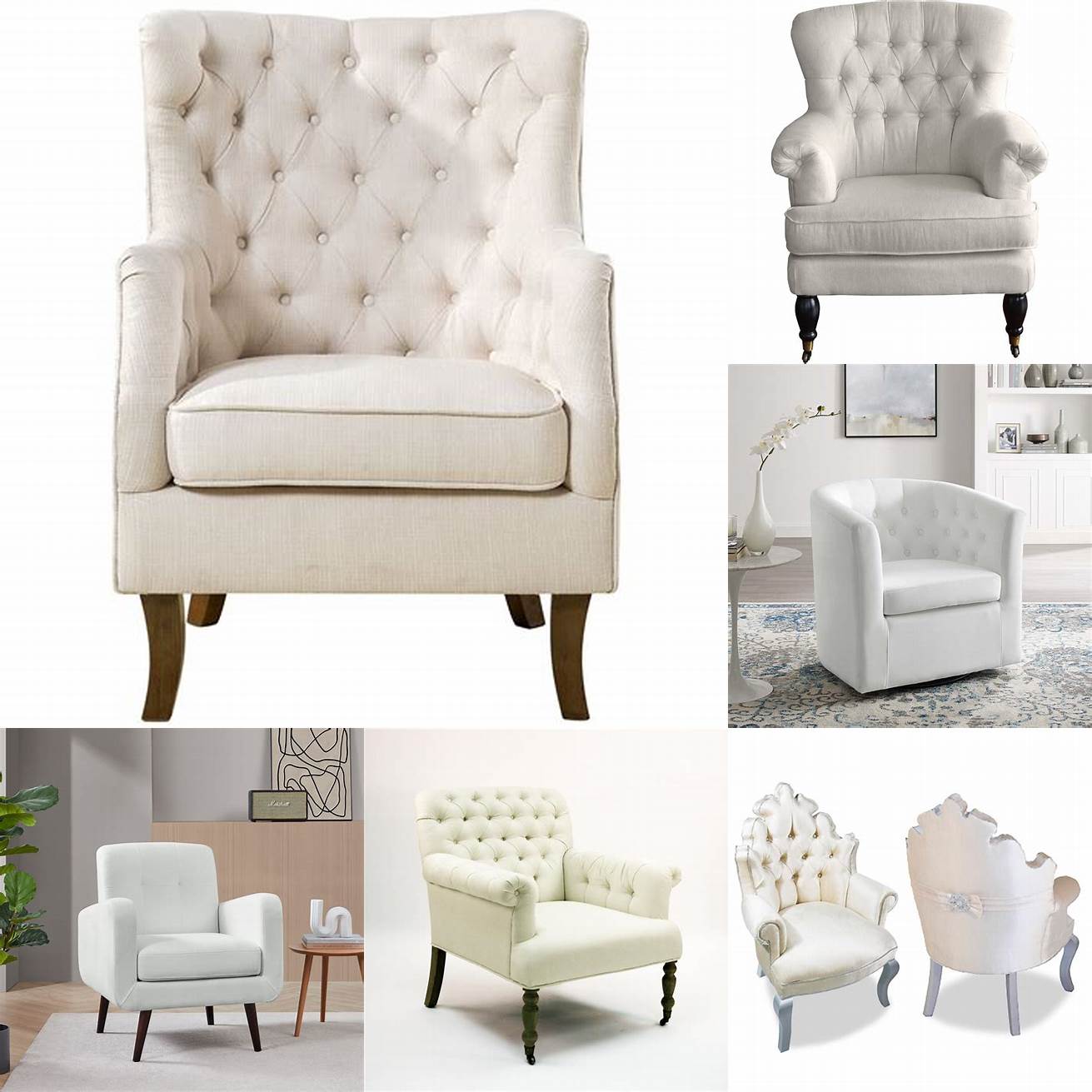 A white armchair with a tufted back