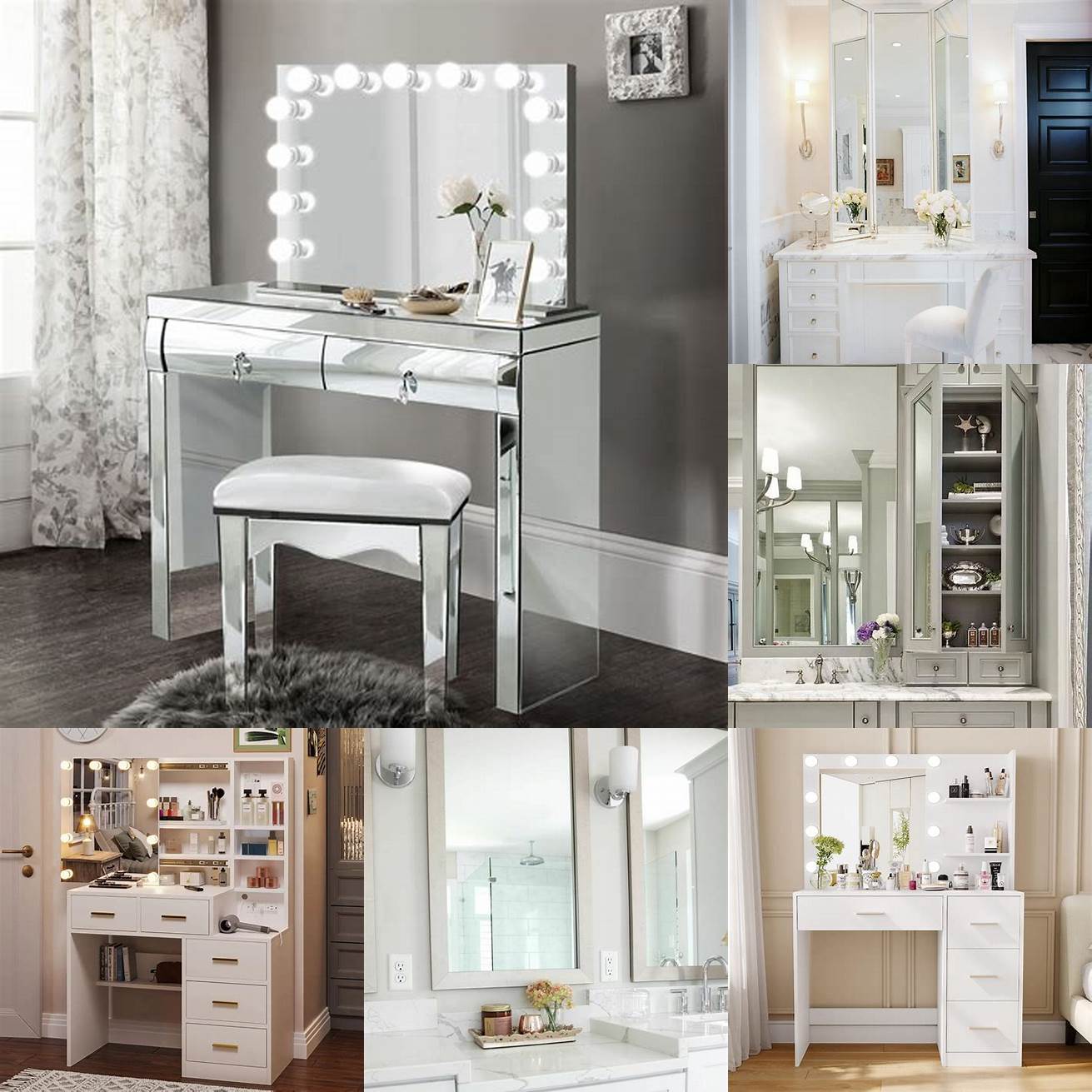 A white bathroom vanity with makeup station and a large mirror