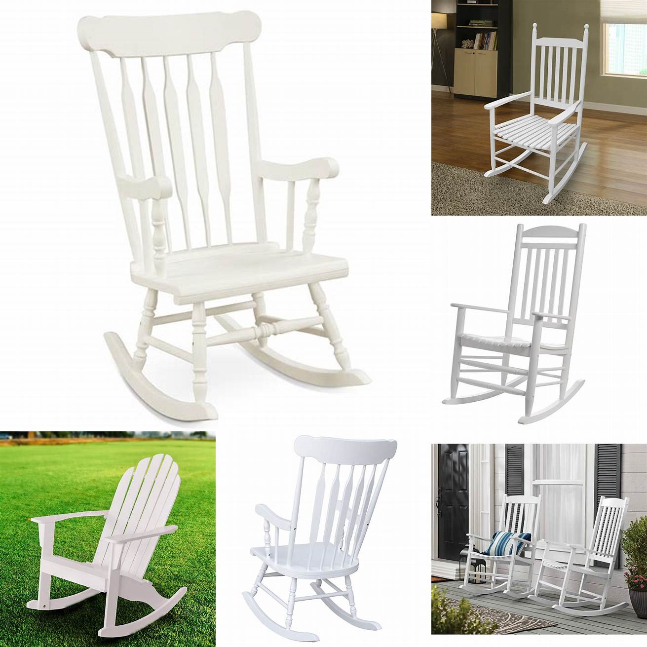 A white rocking chair with a wooden frame