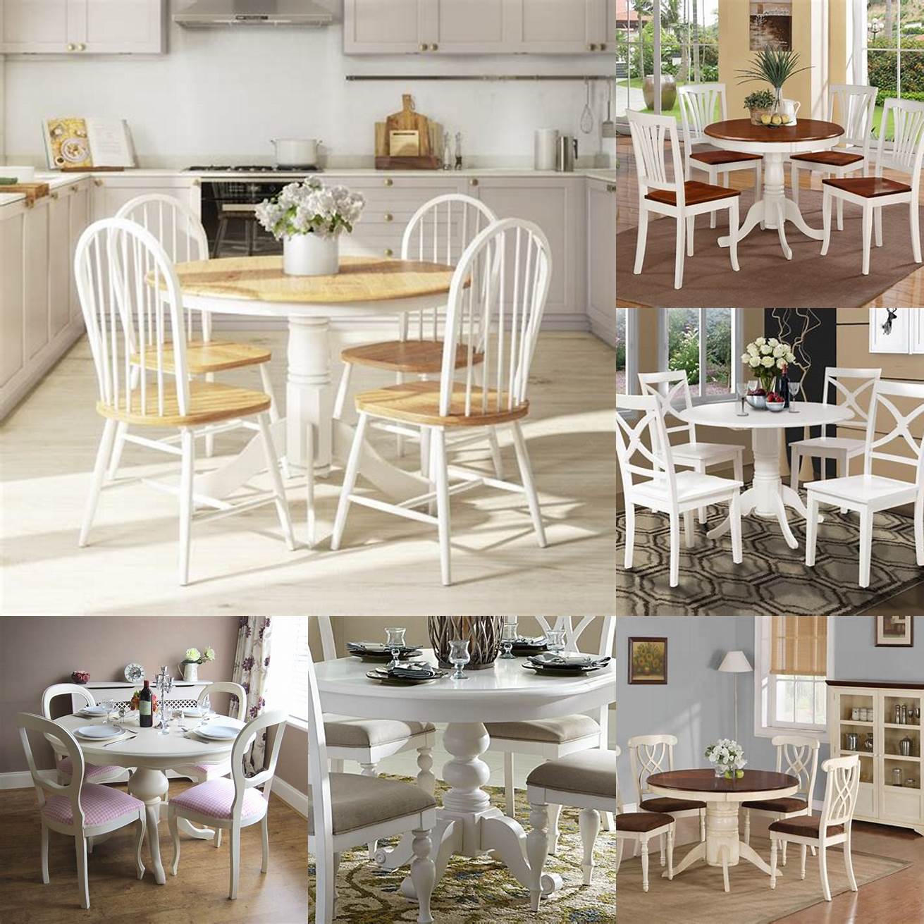 A white round kitchen table with four chairs that can fit in small spaces