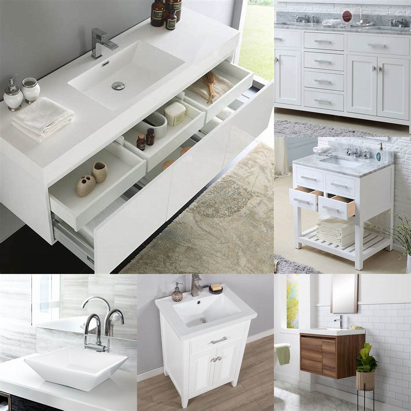 A white vanity with a built-in sink and sleek modern hardware