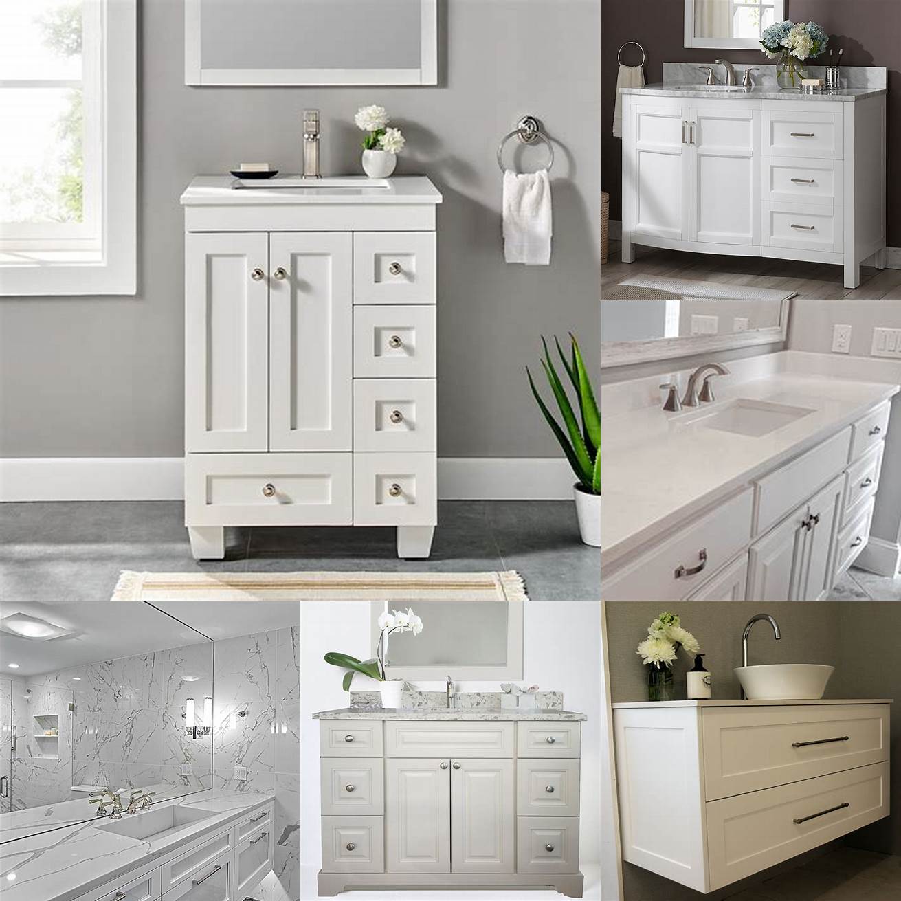 A white vanity with a quartz countertop and shaker-style drawers