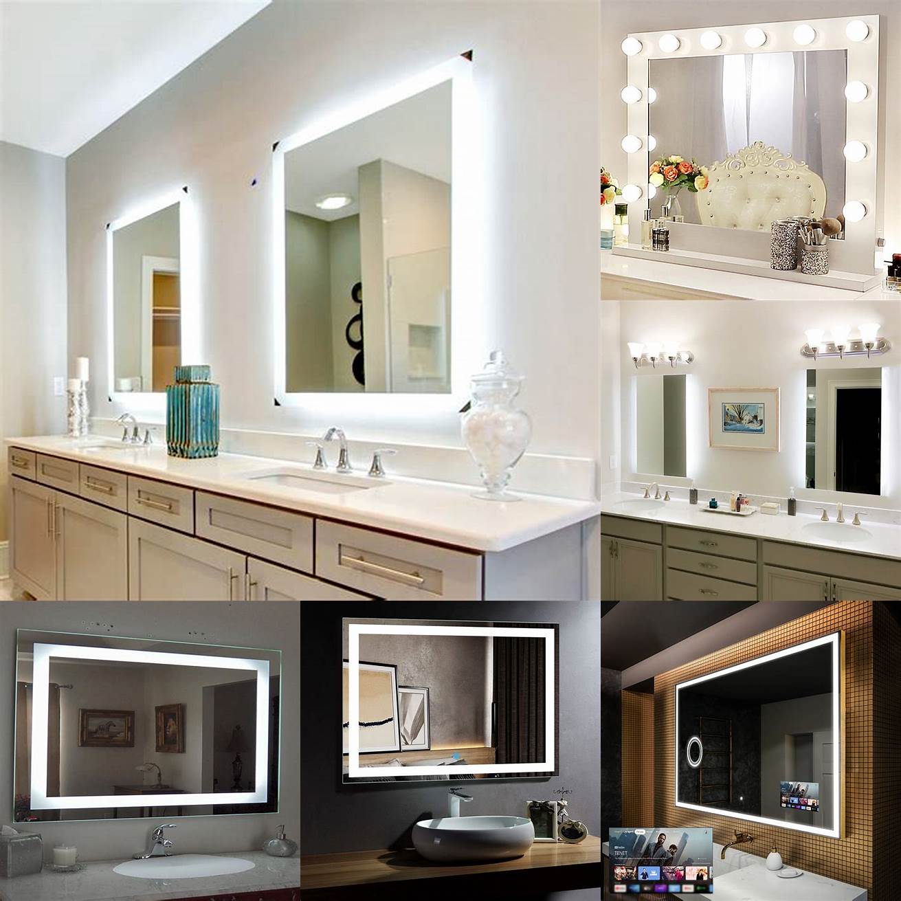 A white vanity with an integrated LED lighted mirror