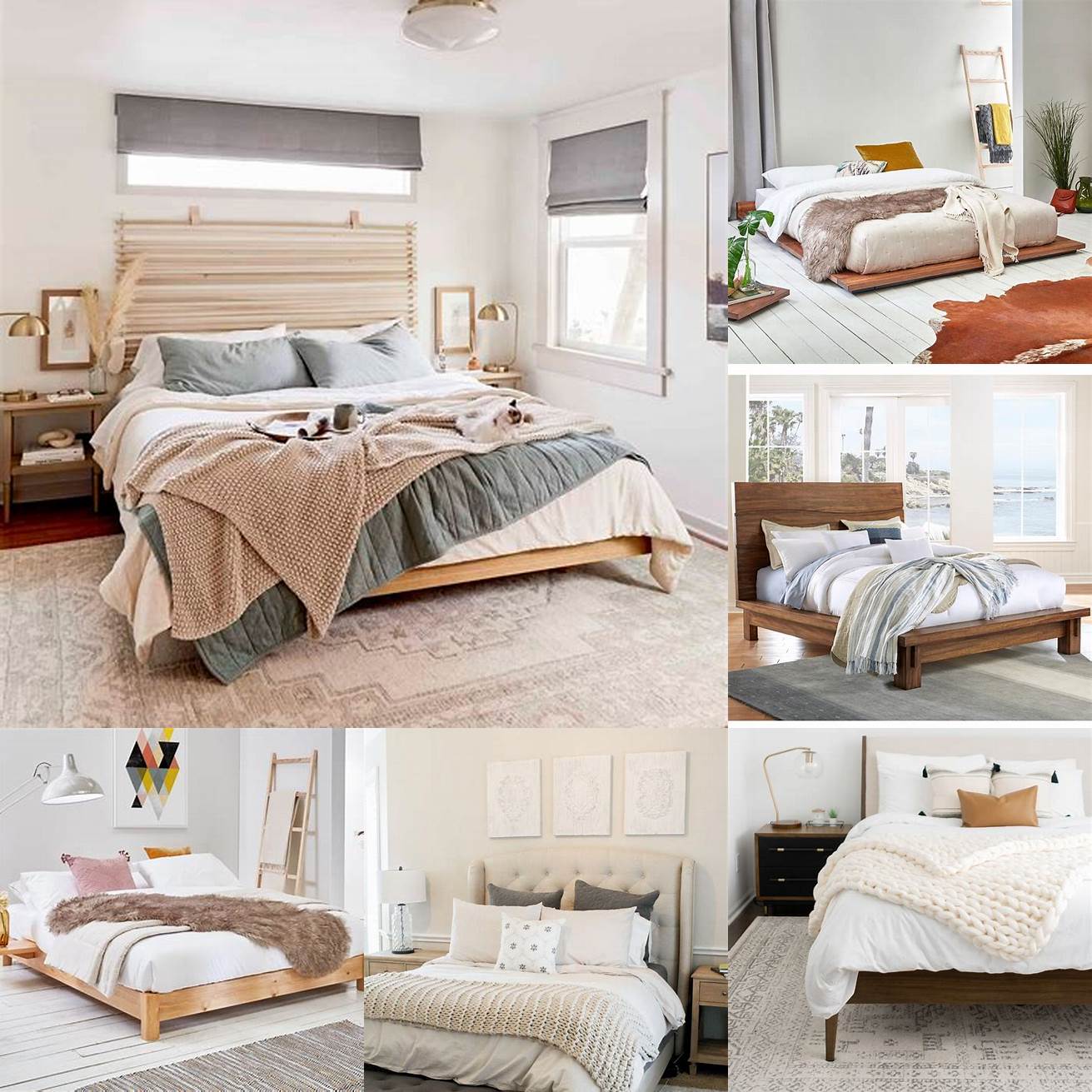 A wooden low profile bed with neutral bedding and fun textured accessories
