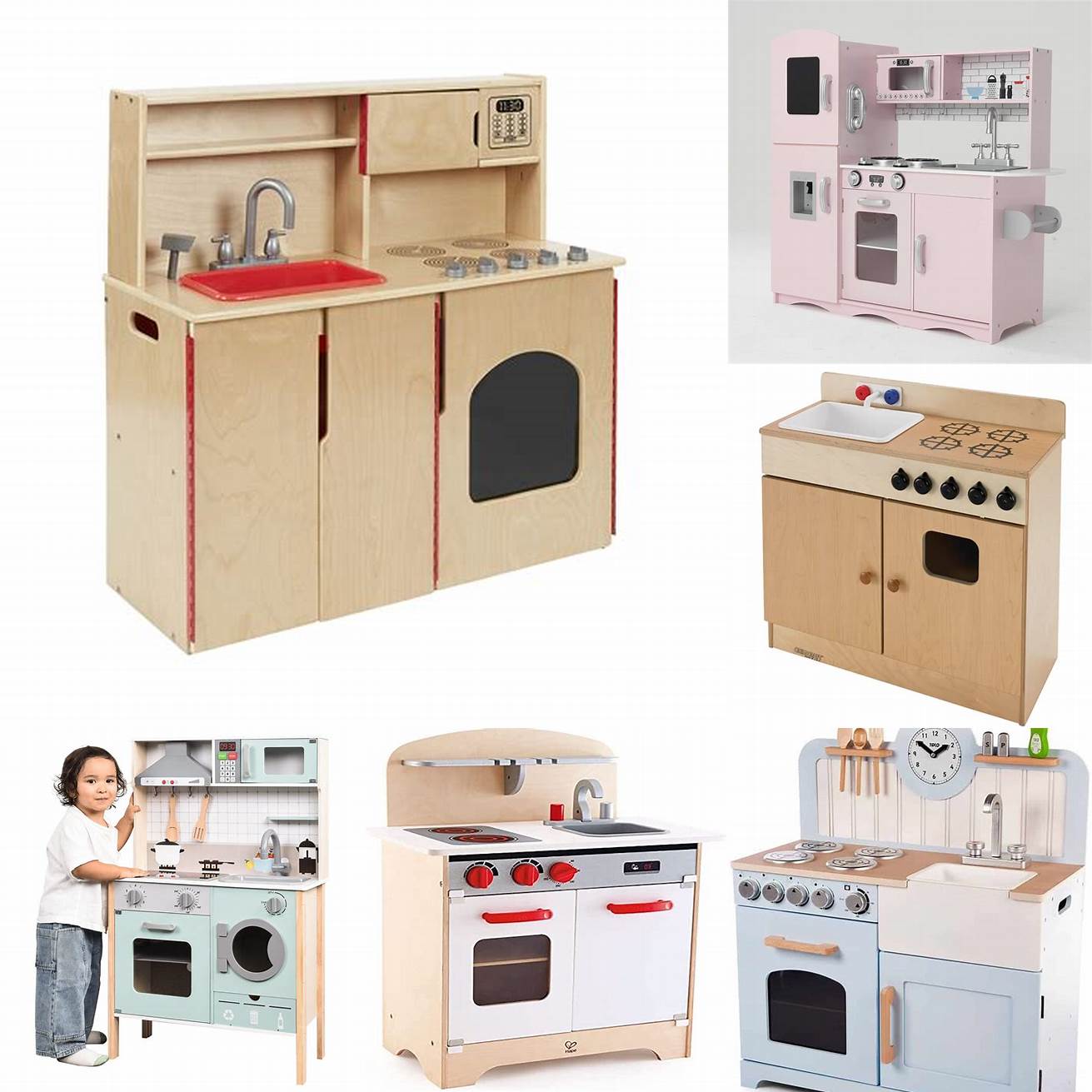 A wooden play kitchen with a sink and oven
