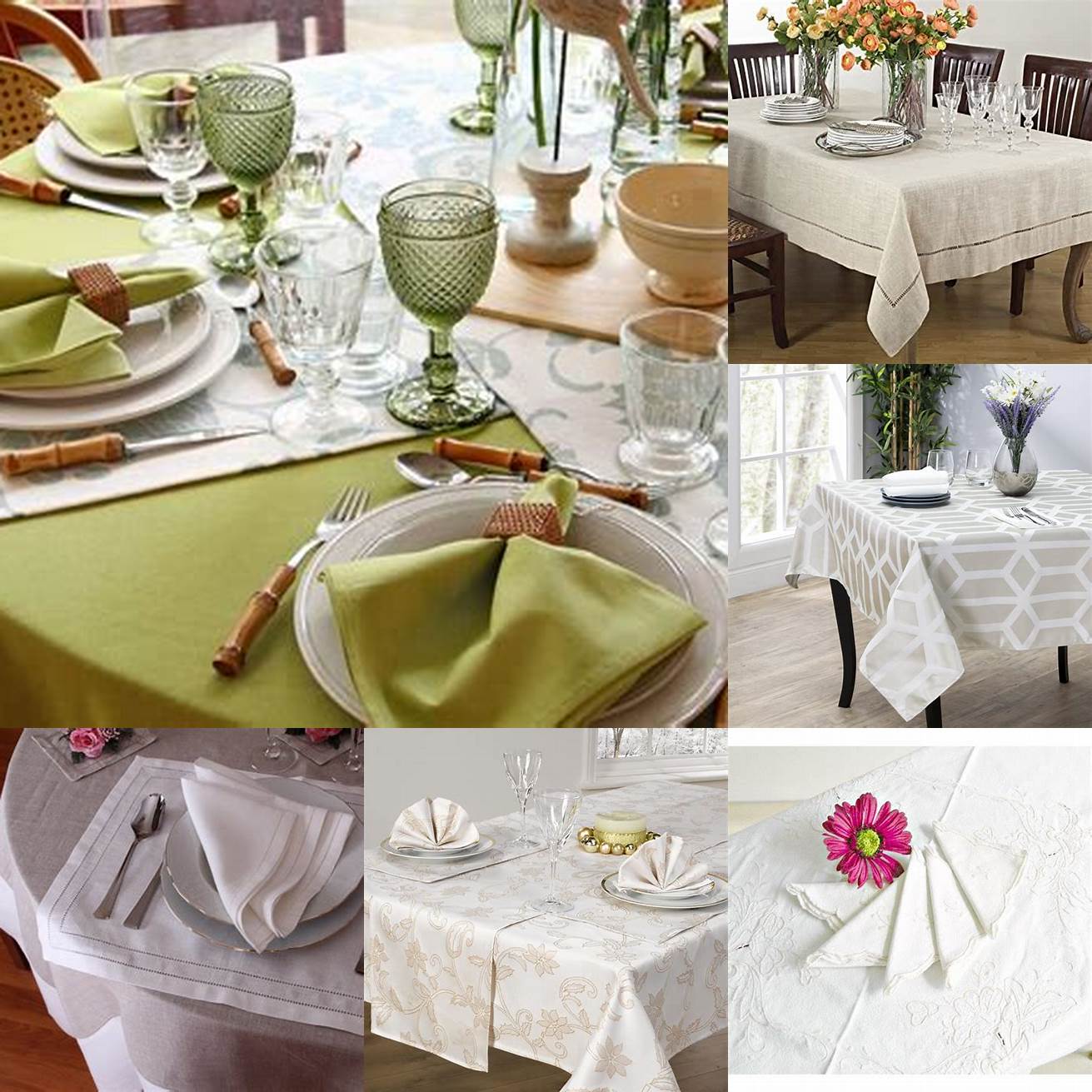 A wooden square table with a white tablecloth and matching napkins