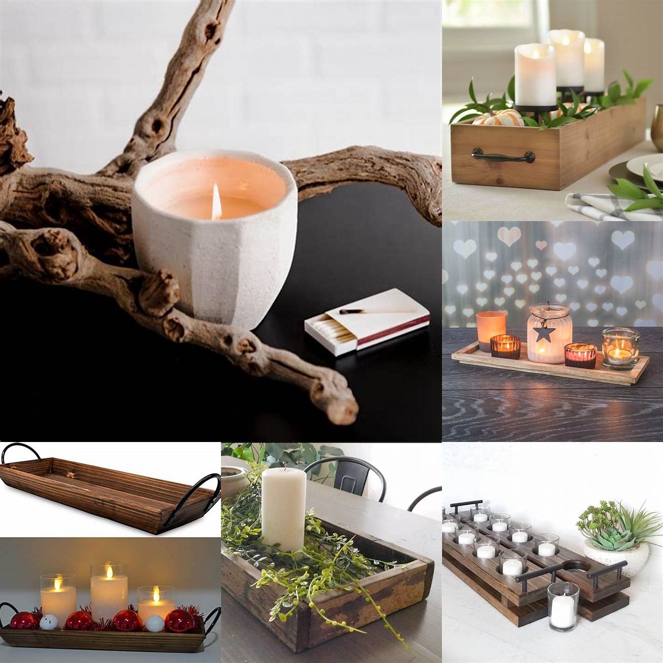 A wooden tray and candles add warmth and coziness to a table