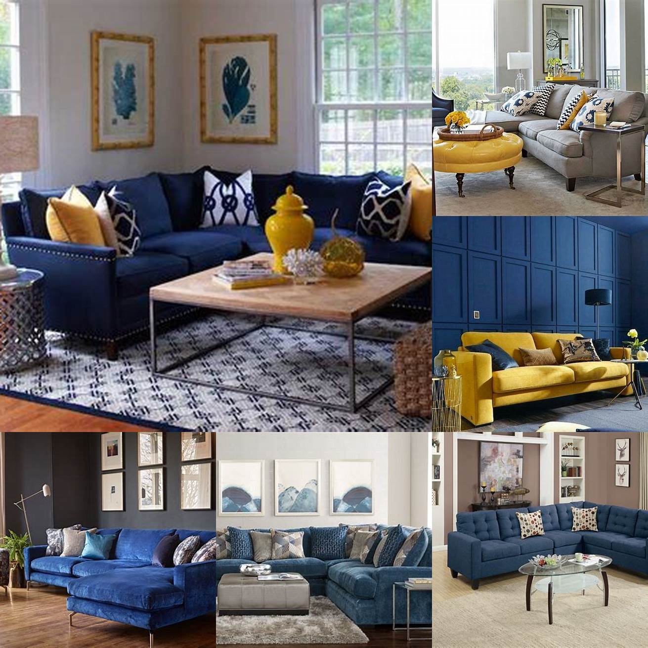 A yellow sectional sofa paired with a navy blue wall and gold accents