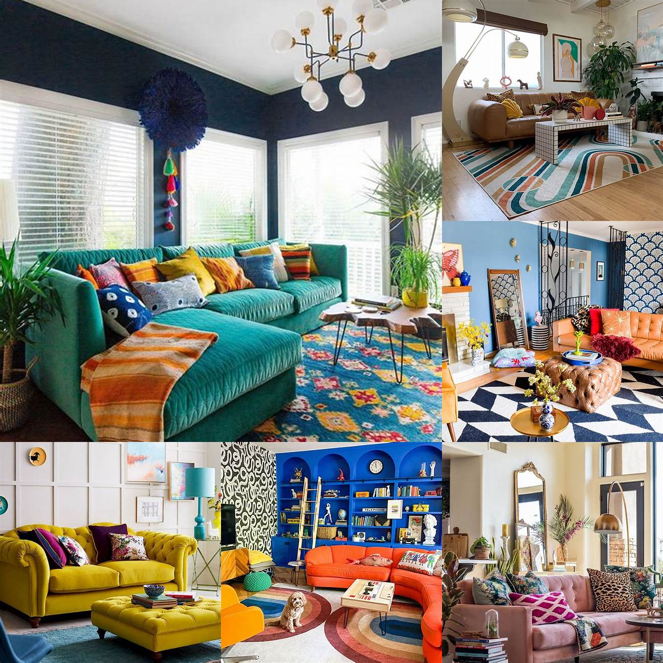 A yellow sofa paired with a colorful patterned rug and eclectic decor