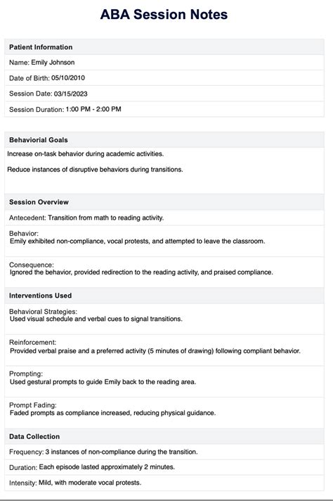 Aba Session Notes Template