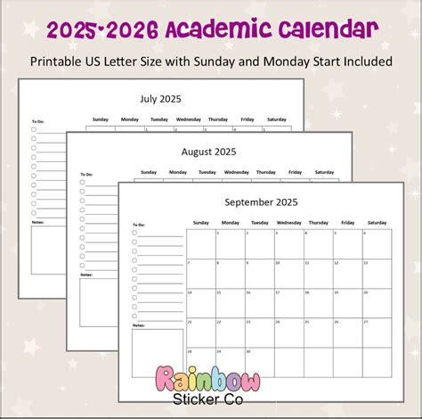 Academic Monthly Calendar Printable