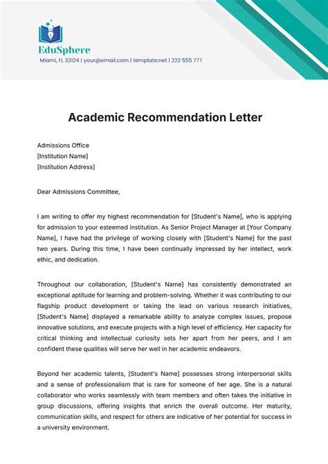 Academic Recommendation Letter Template