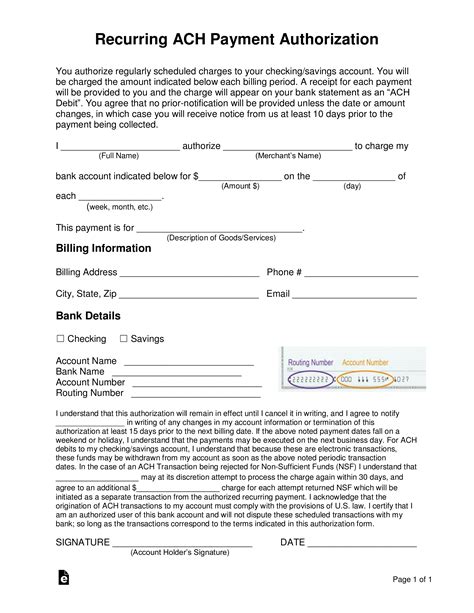 Ach Authorization Form Template Free