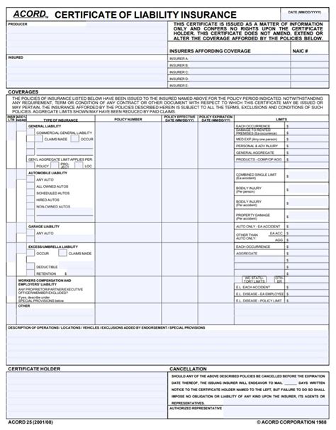 Acord Certificate Of Insurance Template