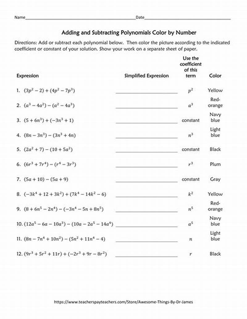 Adding And Subtracting Polynomials Coloring Worksheet