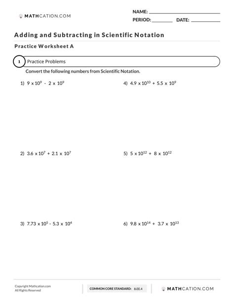 Adding And Subtracting Scientific Notation Printable Worksheet
