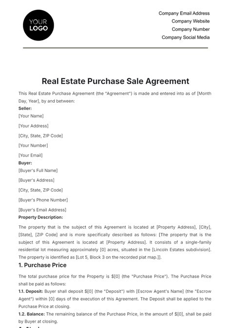 Agreement To Purchase Real Estate Template