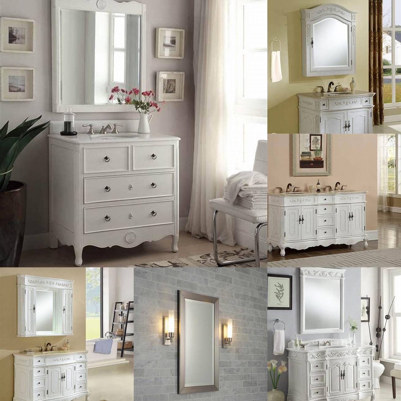 An antique white bathroom vanity with a mirror and sconces can create a stunning focal point in your bathroom