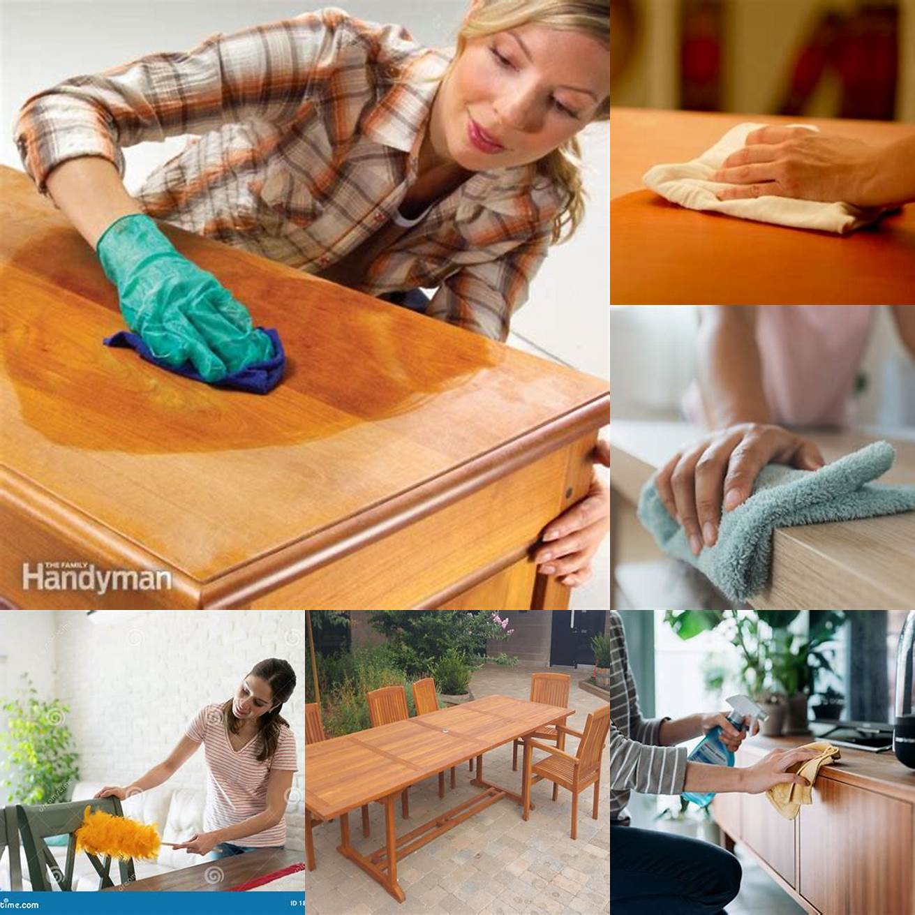 An image of a teak table and chairs being dusted