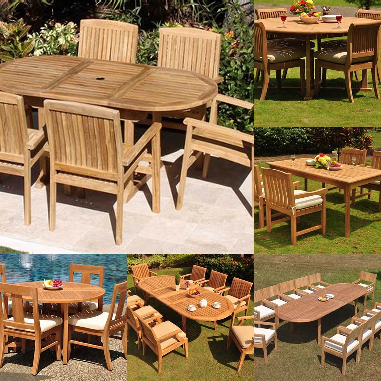 An image of a teak table and chairs in a variety of settings