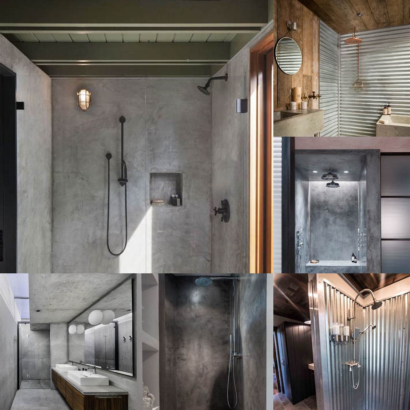 An industrial bathroom with a concrete floor and a metal shower partition