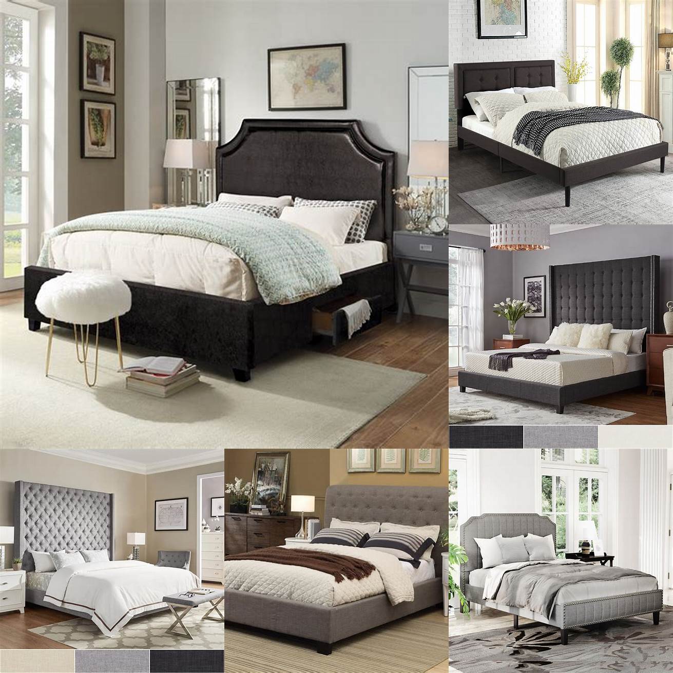 An upholstered platform bed with a high headboard for added comfort