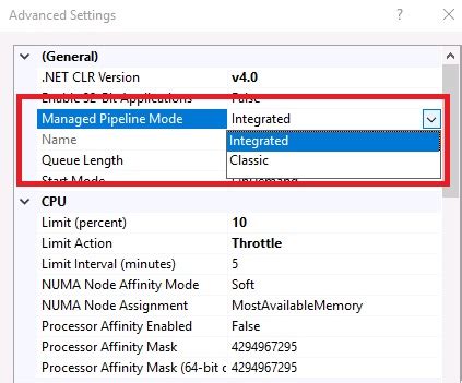 An ASPNET setting has been detected that does not apply in Integrated managed pipeline mode