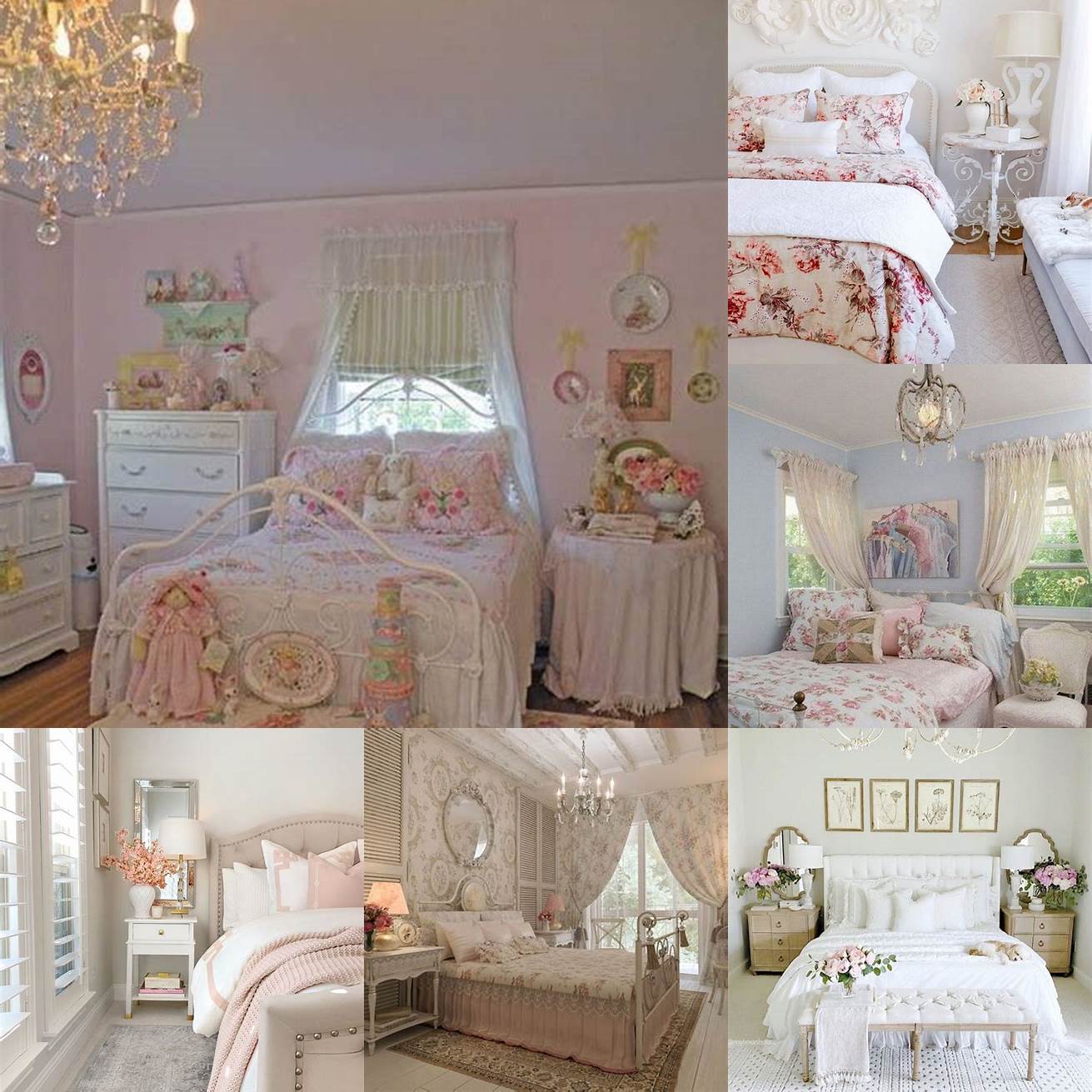 Antique mirrors and soft pastel colors create a romantic and feminine atmosphere in this Shabby Chic bedroom