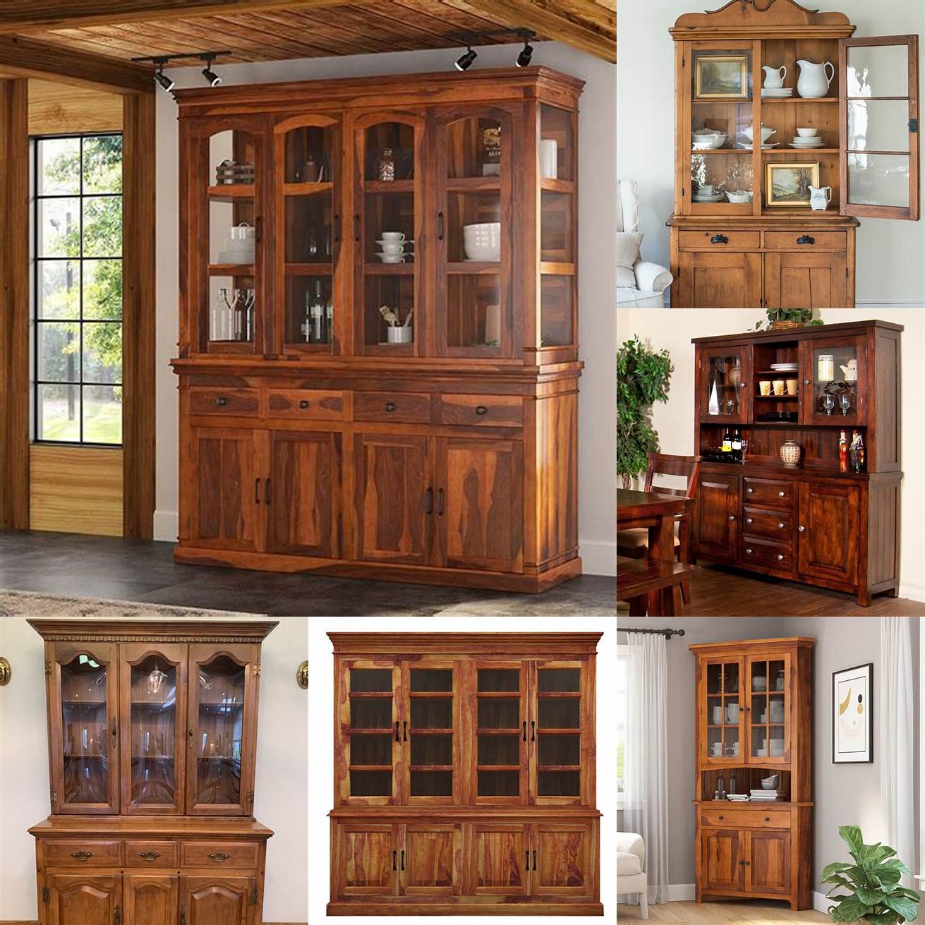 Antique-inspired wooden hutch with glass doors