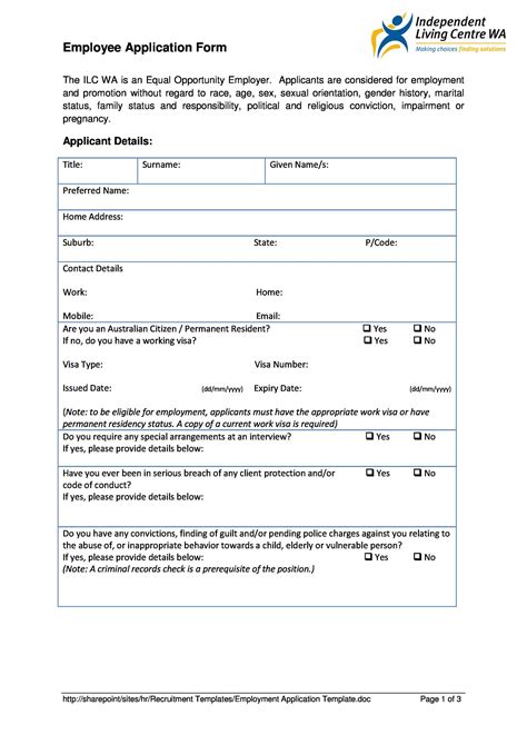 Application For Employment Template Free