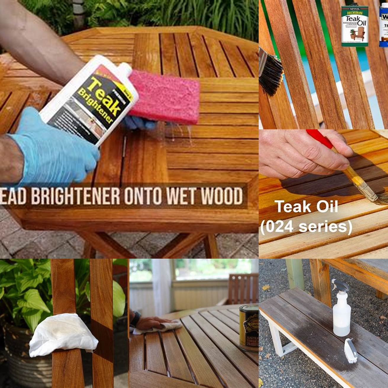 Apply teak oil with a soft cloth or brush