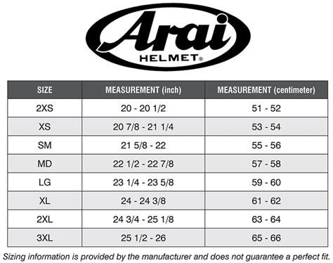 Arai Helmets Size Chart