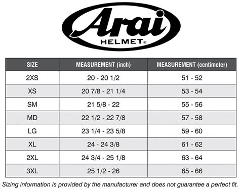Arai Sk6 Size Chart