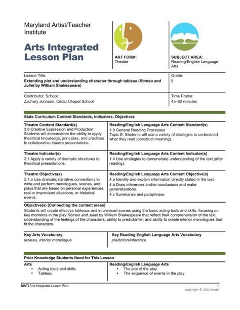 Arts Integration Lesson Plan Template