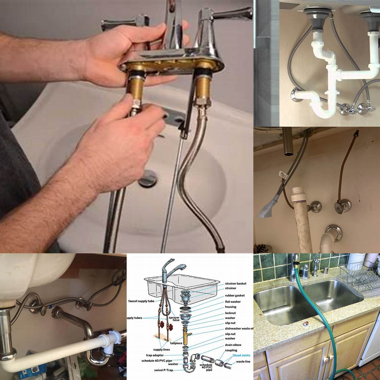 Attach the sink faucet and handles to the countertop and connect them to the drainpipes and water supply lines