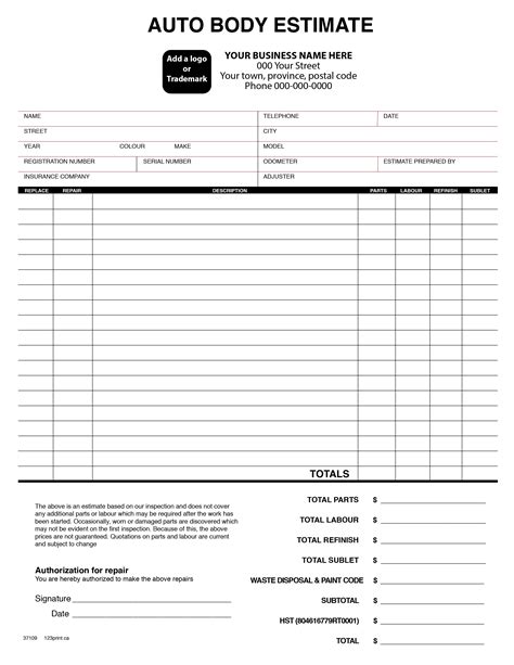 Auto Body Shop Estimate Template