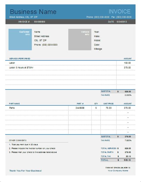 Auto Repair Invoice Template Excel