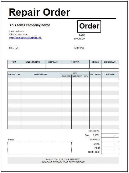 Auto Repair Order Template Word