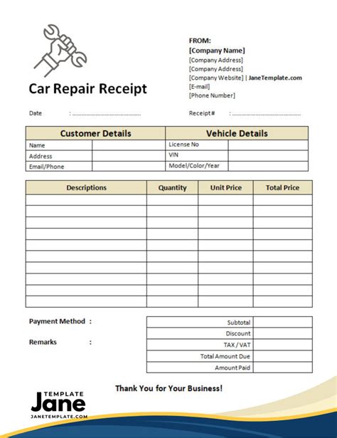 Auto Repair Receipt Template Free