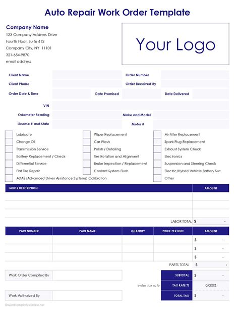 Auto Repair Work Order Template