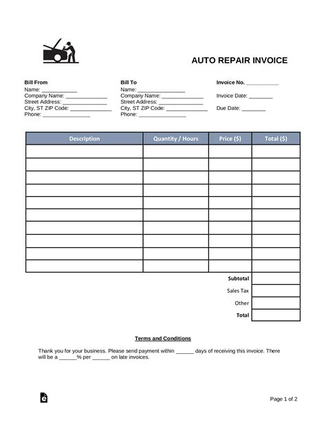 Automotive Repair Bill Template