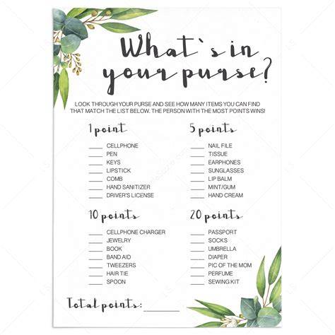 Baby Shower Purse Game List Free Printable