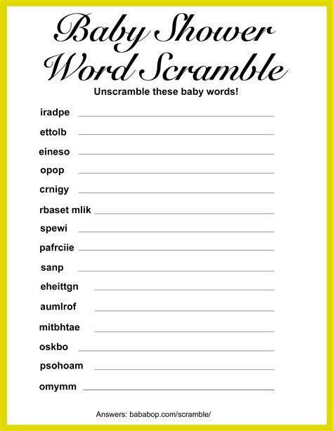 Baby Shower Word Scramble Free Printable Plain