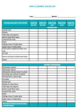 Bar Cleaning Checklist Template Free